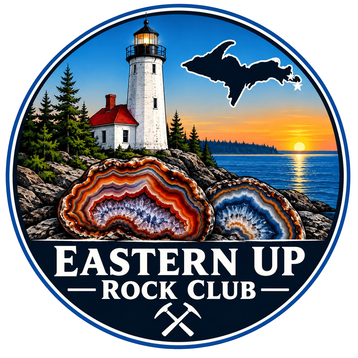 Eastern UP Rock Club logo: a lighthouse above two banded Lake Superior agates