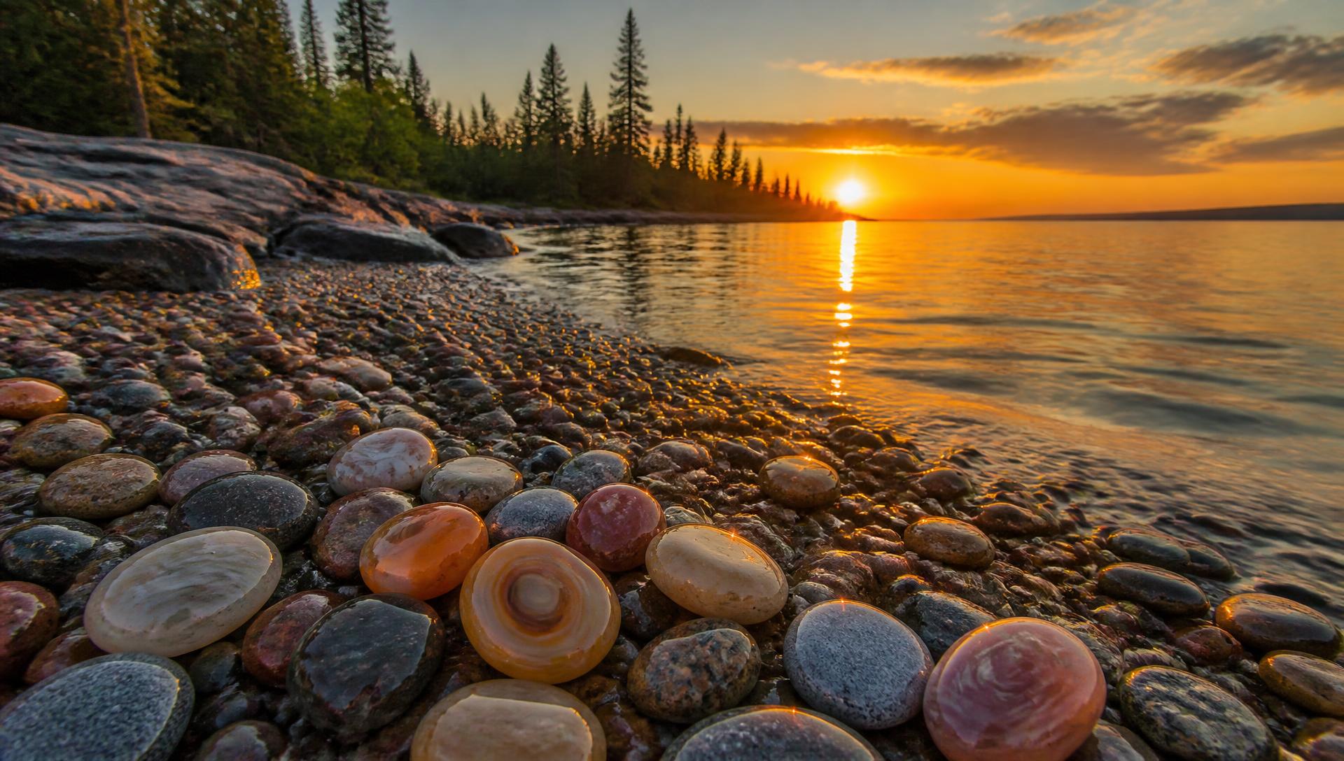 Wet Lake Superior agates and beach pebbles on a rocky shoreline at sunset